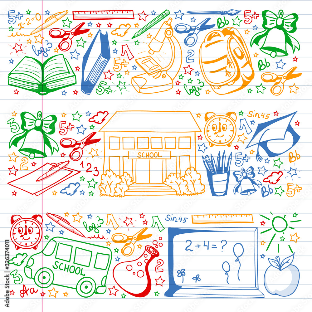 Vector pattern with school icons. Back to school. Geography, geometry, mathematics, physics, chemistry, astronomy Vector pattern with school icons. Back to school. Geography, geometry, mathematics, physics, chemistry, astronomy