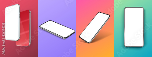 Set of realistic smartphone mockup set. Modern digital device template. Modern abstract covers set. Creative fluid colors backgrounds. Trendy design. Smartphone frameless blank screen.Mockup device,UX