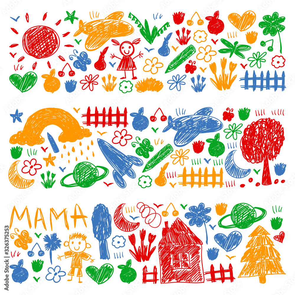 Kindergarten pattern with funny kids drawing. Vector illustration. Children play and grow.
