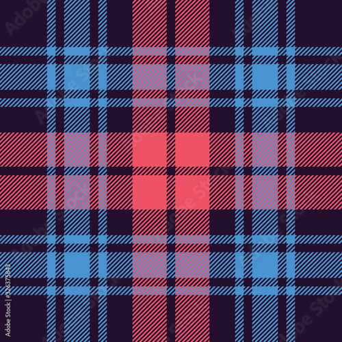 Tartan plaid pattern background texture. Seamless check plaid graphic in dark purple, bright pink, and blue for flannel shirt, blanket, throw, or other modern fabric design.