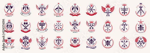 Vintage weapon vector logos or emblems, heraldic design elements big set, classic style heraldry military war armory symbols, antique knives compositions.