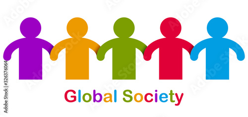 Worldwide people global society concept, different races solidarity, we stand as one, togetherness and friendship allegory, world unity cooperation, vector illustration logo or icon.