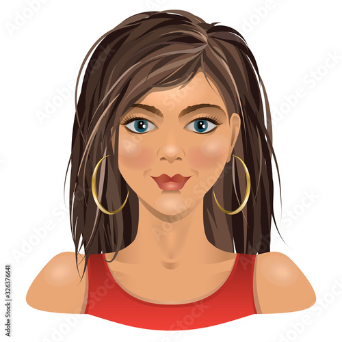 Portrait of beautiful brunette young women.  Pretty girl in red dress. Vector illustration.