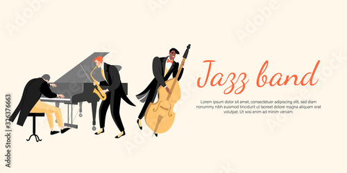 Jazz band concert banner with pianist, saxophonist and double bass player.