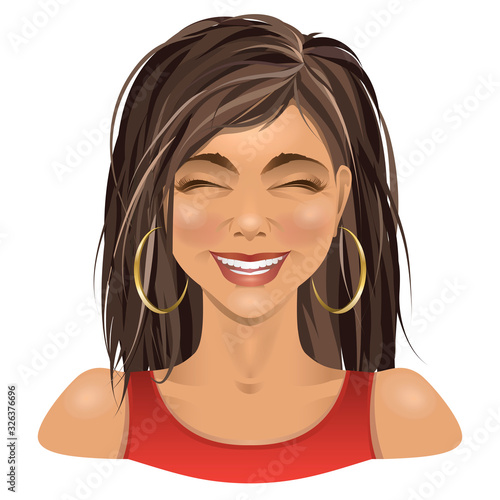 Portrait of laughing brunette young women.  Pretty girl in red dress. Vector illustration.