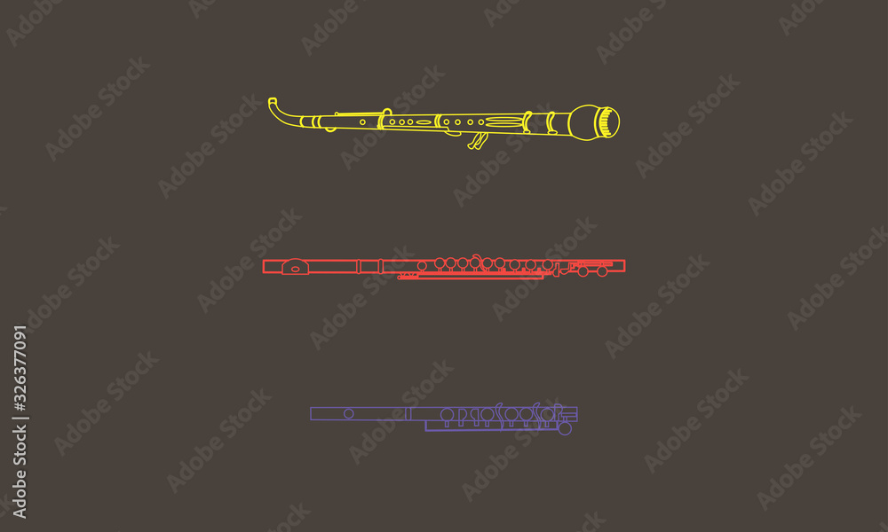 Colour outline English horn, flute and piccolo horizontal contour trio on a black background