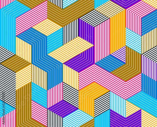 3D cubes seamless pattern vector background, lined dimensional blocks, architecture and construction, geometric design.