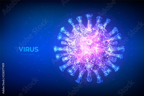 Coronavirus 2019-nCov novel coronavirus low poly abstract concept. Microscopic view of virus cell close up. Dangerous asian ncov corona virus, SARS pandemic risk. 3D polygonal vector illustration.