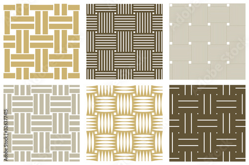 Seamless vector weaving patterns set, linear backgrounds with crossed lines, textile knitted repeat tiling wallpapers, perfect simplistic minimal designs.