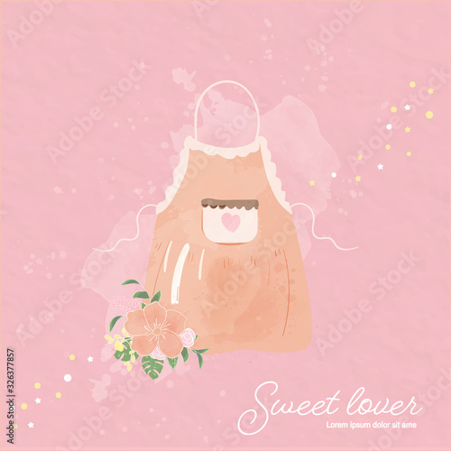 sweet pink apron water color style.cute card for chef bakery product.decoration with adorable vintage floral.pink heart put on bag.