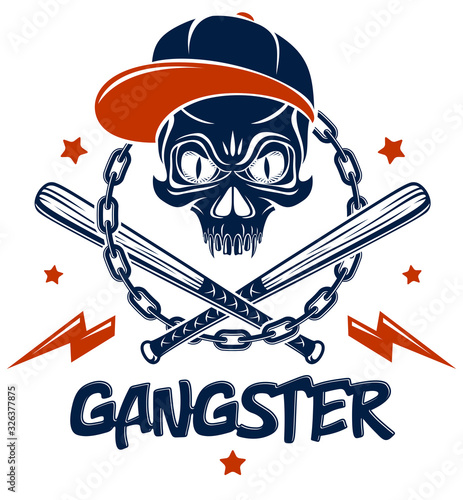 Criminal tattoo ,gang emblem or logo with aggressive skull baseball bats and other weapons and design elements, vector, bandit ghetto vintage style, gangster anarchy or mafia theme.