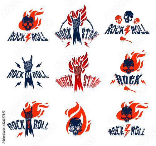 Rock hand sign on fire set, hot music Rock and Roll gesture in flames, Hard Rock festival concert or club, vector labels emblems or logos, musical instruments shop or recording studio.