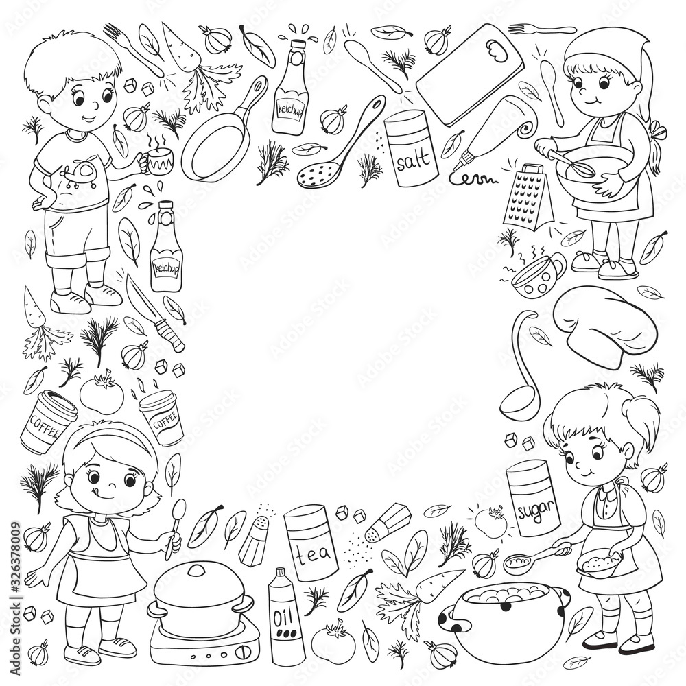 Vector pattern with cooking class for little children. Kids icons. Healthy eating.