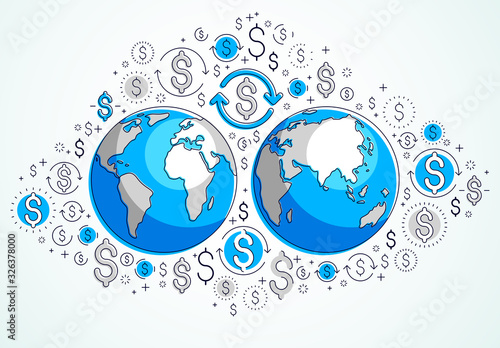 Global business concept, planet earth with dollar icons set, international economy, currency exchange, internet global network connection, vector, elements can be used separately.