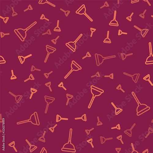 Brown line Rubber plunger with wooden handle for pipe cleaning icon isolated seamless pattern on red background. Toilet plunger. Vector Illustration