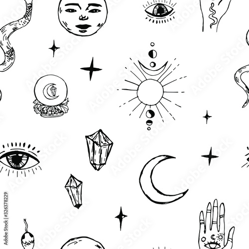 seamless pattern with magic hands,moon phases.Astrology,astronomy concept.Witchcraft symbols: snake, eyes, fortune telling magic crystal ball with eye of providence, moon.for tattoo, textile, card