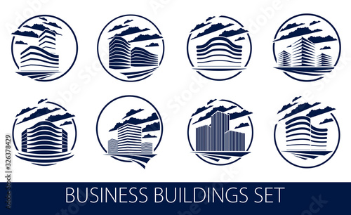 Office building round shape icons or logos set, modern architecture vector illustrations collection. Real estate realty business center designs. 3D futuristic facades in big city.