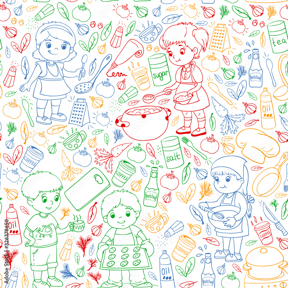 Vector pattern with cooking class for little children. Kids icons. Healthy eating. Vector pattern with cooking class for little children. Kids icons. Healthy eating.