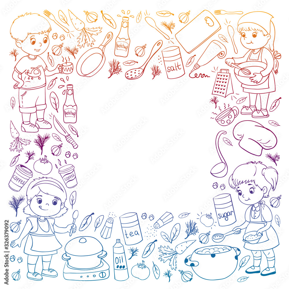 Vector pattern with cooking class for little children. Kids icons. Healthy eating. Vector pattern with cooking class for little children. Kids icons. Healthy eating.