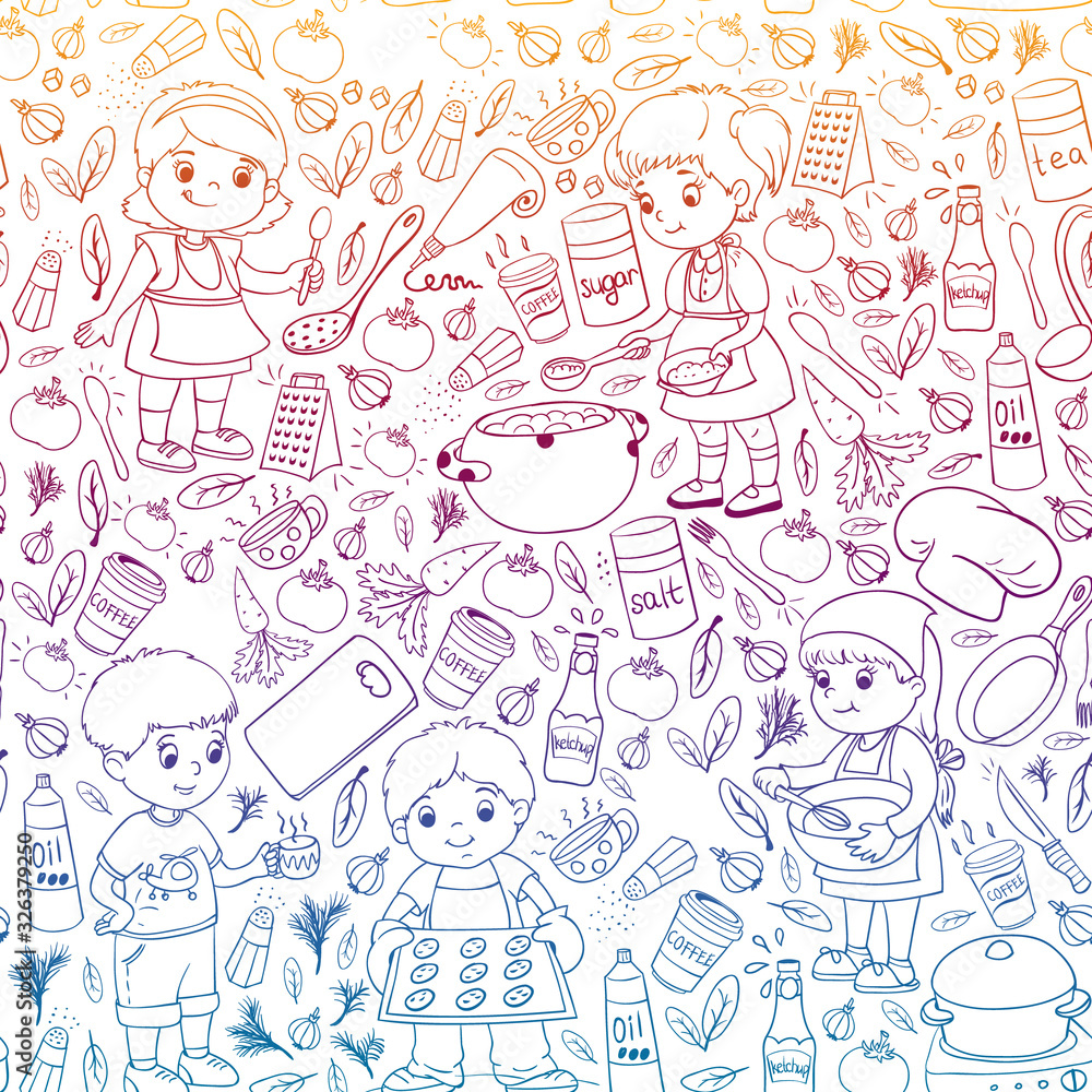 Vector pattern with cooking class for little children. Kids icons. Healthy eating. Vector pattern with cooking class for little children. Kids icons. Healthy eating.
