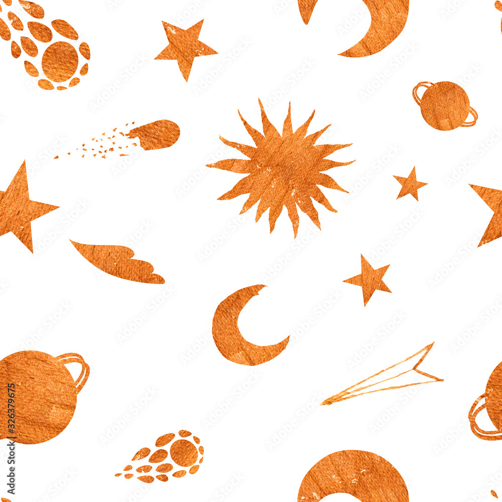 Fototapeta premium Baby seamless pattern with planets, comets, stars and spaceship. Hand drawn overlapping background space. Watercolor cosmos pattern for fabric, textile,nursery wallpaper, packaging.Occult symbols, sun