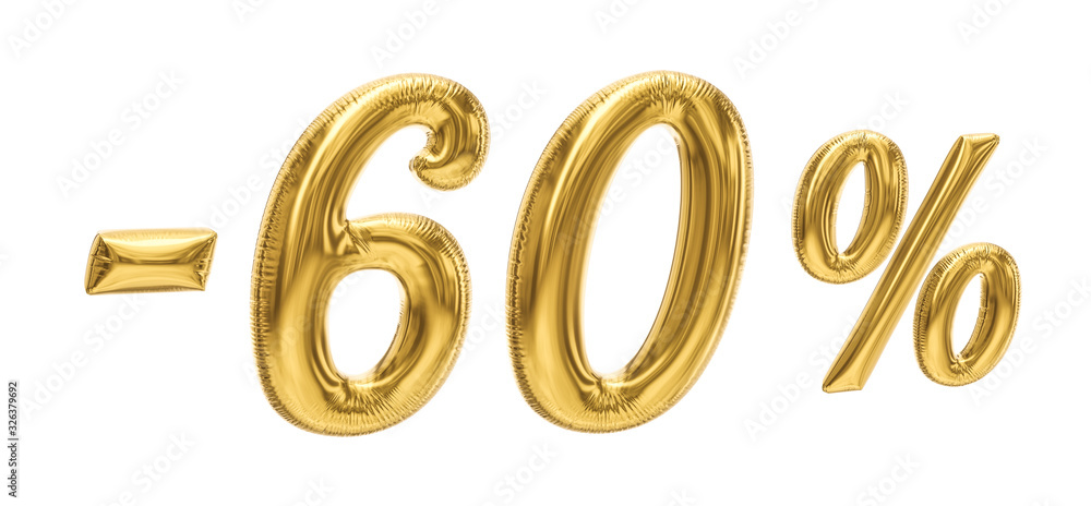 60% discount sale promotion off gold ballons number 3d rendered isolated on white background. 60% discount sale promotion off gold ballons number 3d rendered isolated on white background.