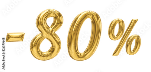 80% discount sale promotion off gold ballons number 3d rendered isolated on white background. 