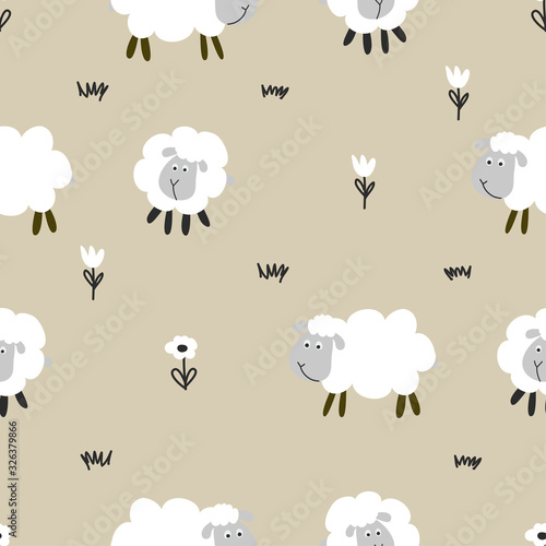 Little lamb / sheep pattern - funny hand drawn doodle, seamless pattern. Lettering poster or t-shirt textile graphic design. / wallpaper, wrapping paper, background.