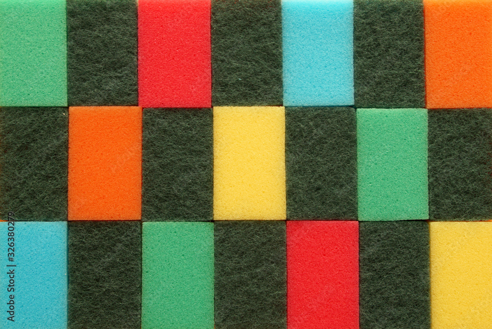 abstract pattern Kitchen cleaning set sponge background. a lot of colored objects, Kitchen sponges texture
