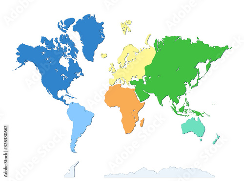 World map with Antarctica. seven continents. Each continent in different color. flat design. Atlas. Wallpaper
