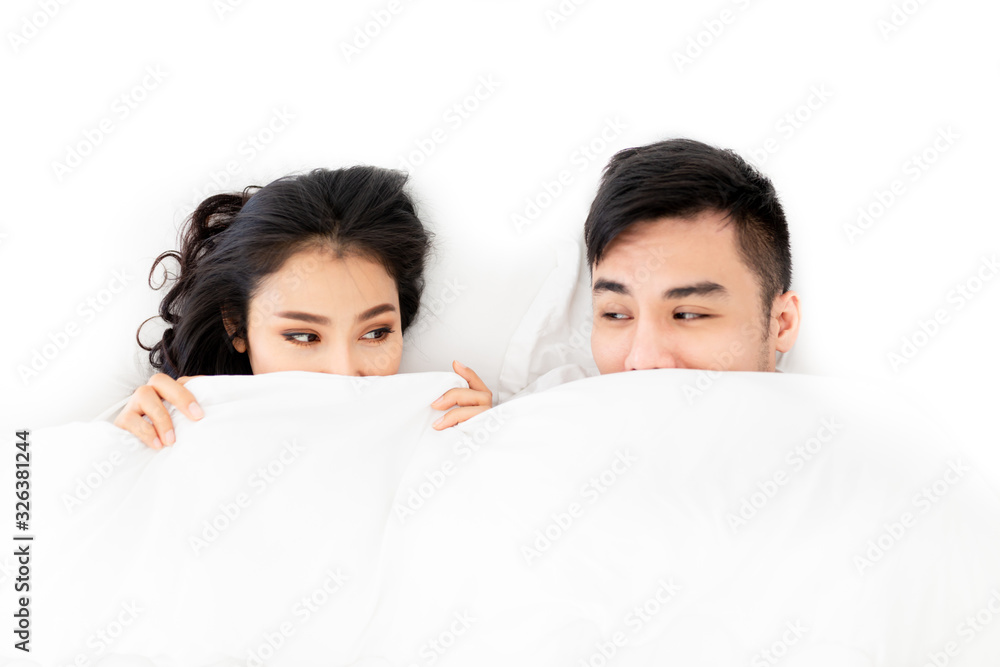 asian lover rest on bed, they use hand holding blanket, they feeling love and happy together, happiness honeymoon and wedding day