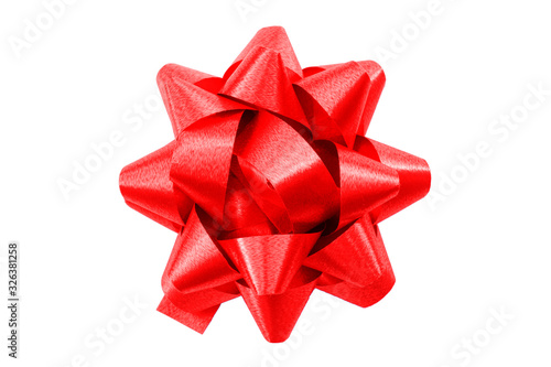 Shining anniversary gift and present decorating silky ornament concept red sleek polished glossy bow isolated on white background clipping path cutout