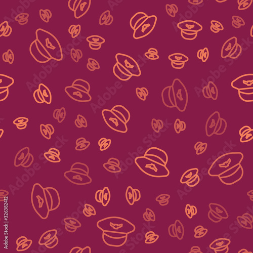 Brown line Pilot hat icon isolated seamless pattern on red background. Vector Illustration