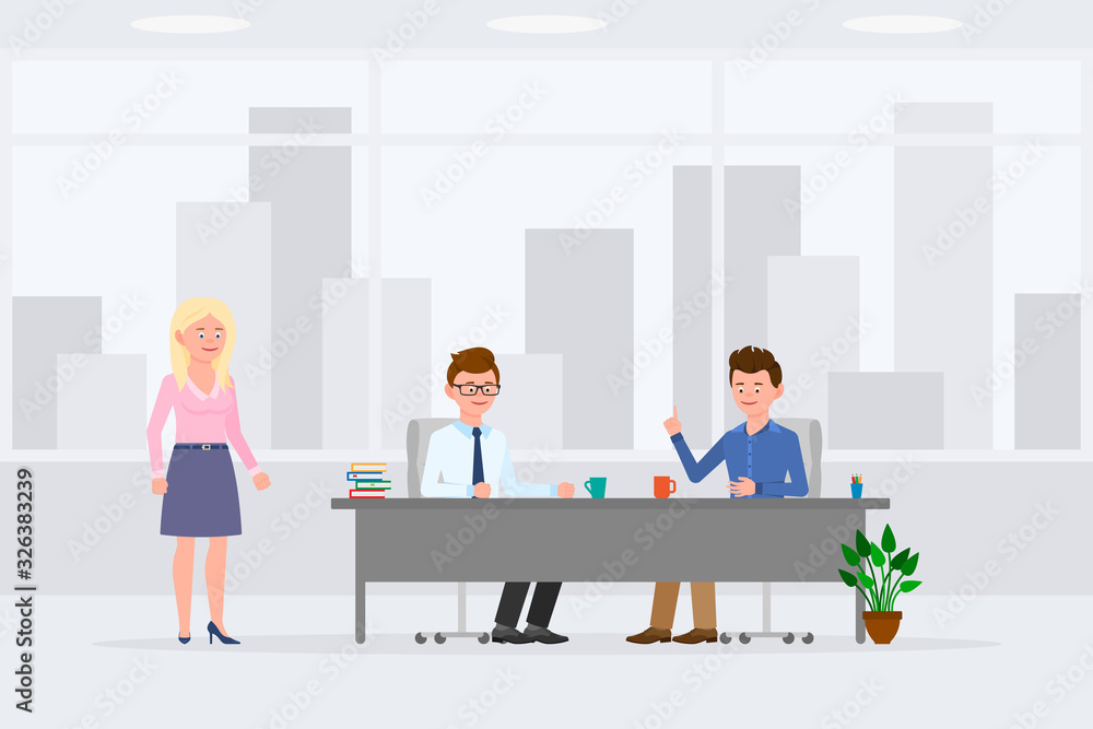Two man sitting at desk, meeting, discussing, making decisions in office workplace vector illustration. Woman assistant standing, boy and guy talking at table cartoon character design Two man sitting at desk, meeting, discussing, making decisions in office workplace vector illustration. Woman assistant standing, boy and guy talking at table cartoon character design