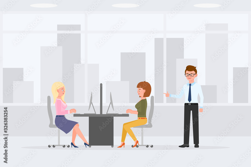 Cartoon character office worker women sitting at desk, typing on computer, desktop, keyboard vector illustration. Business man manager standing, pointing finger in workplace interior Cartoon character office worker women sitting at desk, typing on computer, desktop, keyboard vector illustration. Business man manager standing, pointing finger in workplace interior