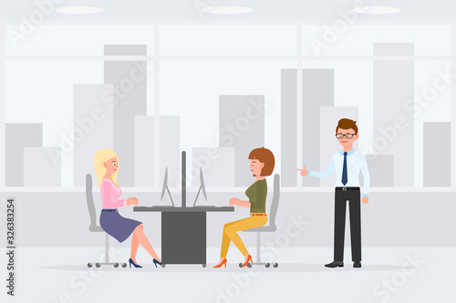 Cartoon character office worker women sitting at desk, typing on computer, desktop, keyboard vector illustration. Business man manager standing, pointing finger in workplace interior