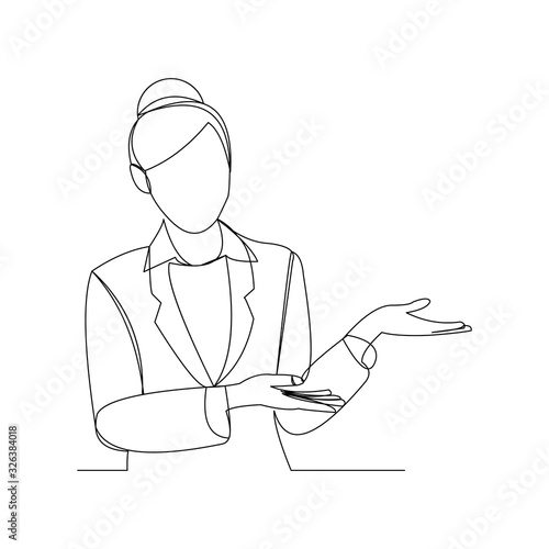 Continuous line drawing of business woman showing for something presentation. Vector illustration