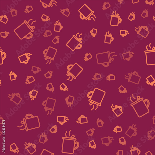 Brown line Mulled wine with glass of drink and ingredients icon isolated seamless pattern on red background. Cinnamon stick, clove, lemon slice. Vector Illustration