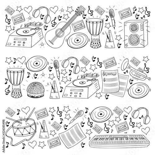 Vector pattern with musical intstruments. Rock, jazz, disco, karaoke. Modern and classic music. Doodle style icons.