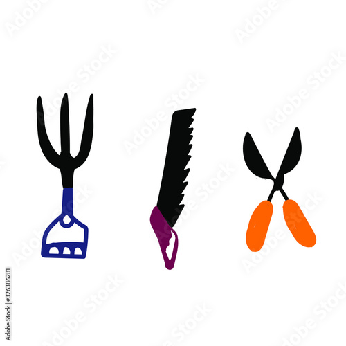 Vector stock illustration, set of kitchen-garden equipment. Tools and instruments for kailyard work. Rake, shovel, pitchfork. Colorful elements in cartoon style. 