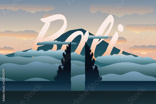 Welcome to Bali. Famous temple and volcano in clouds, and Bali text. Gate of  heaven, calm moment of peace in warm light. Modern hand drawn vector in flat style. Summer travel, must visit