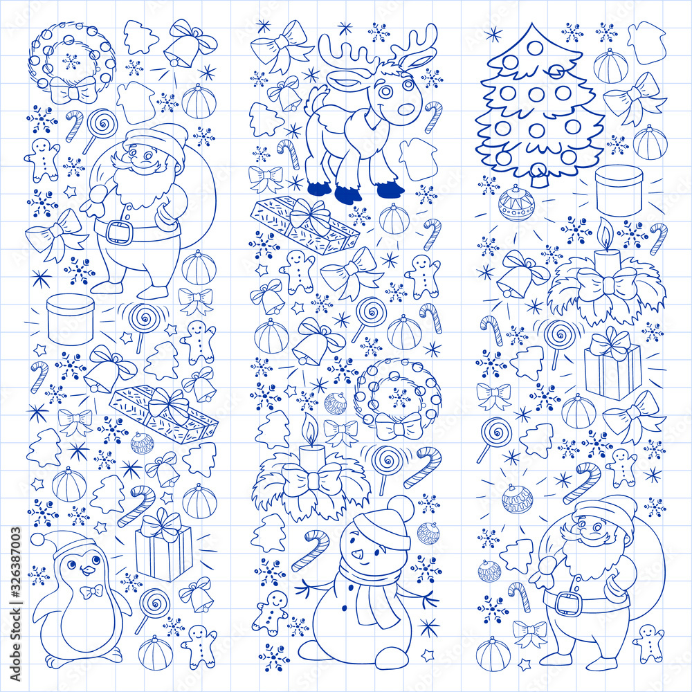 Obraz premium Merry Christmas and happy new year. Santa Claus, deer, snowman, penguin. Vector pattern.