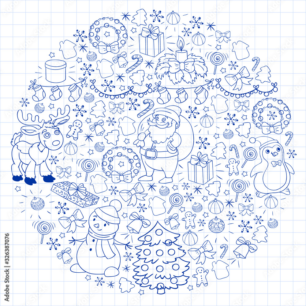 Obraz premium Merry Christmas and happy new year. Santa Claus, deer, snowman, penguin. Vector pattern.