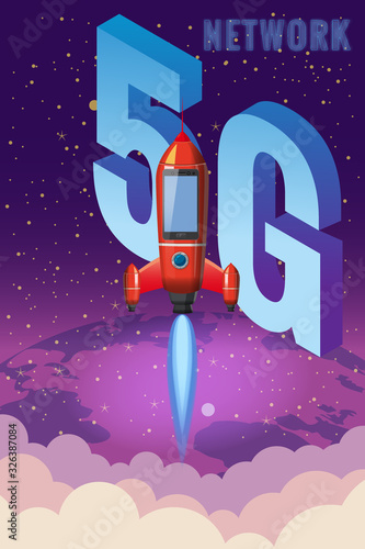 Smartphone rocket is flying in the sky start up. 5G internet new mobile wireless technology wifi connection