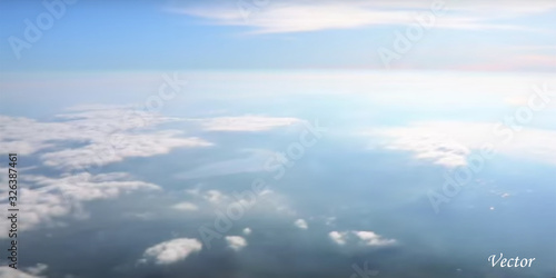 Sky background with sunlight. Realistic dawn with fluffy clouds. Landscape with sunrise. Stratosphere top view. Beautiful 3D vector illustration. Design for paper, banners, brochures, card. Stock.