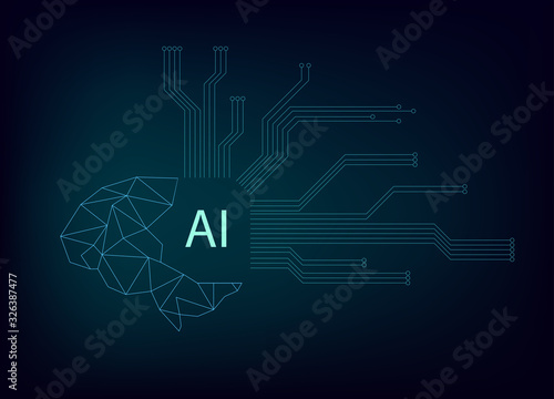 AI brain with modern circuit technology on gradients background.