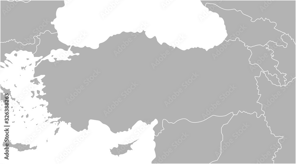 Vector modern illustration. Simplified geographical  grey map of Turkey and nearest states (Syria, Greece, Bulgaria, Iran and etc.) White background of Black and Mediterranean Sea