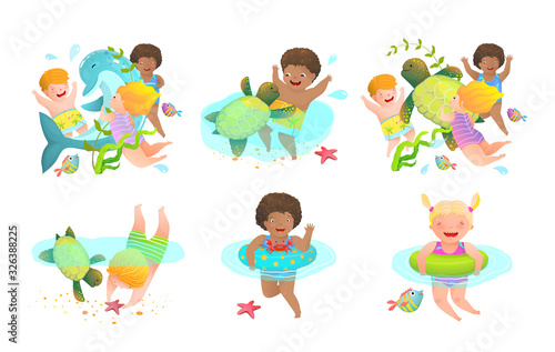 Collection of Kids Boys and Girls swimming with sea animals playing joyful with turtle and dolphin.