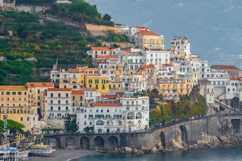 Amalfi cityscape on coast line of mediterranean sea, Italy