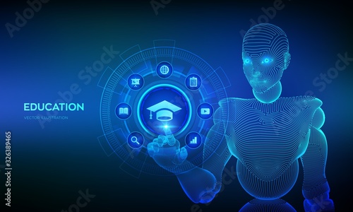 Education. Innovative online e-learning technology concept. Webinar, knowledge, online training courses. Skill development. Wireframed cyborg hand touching digital interface. Vector illustration.